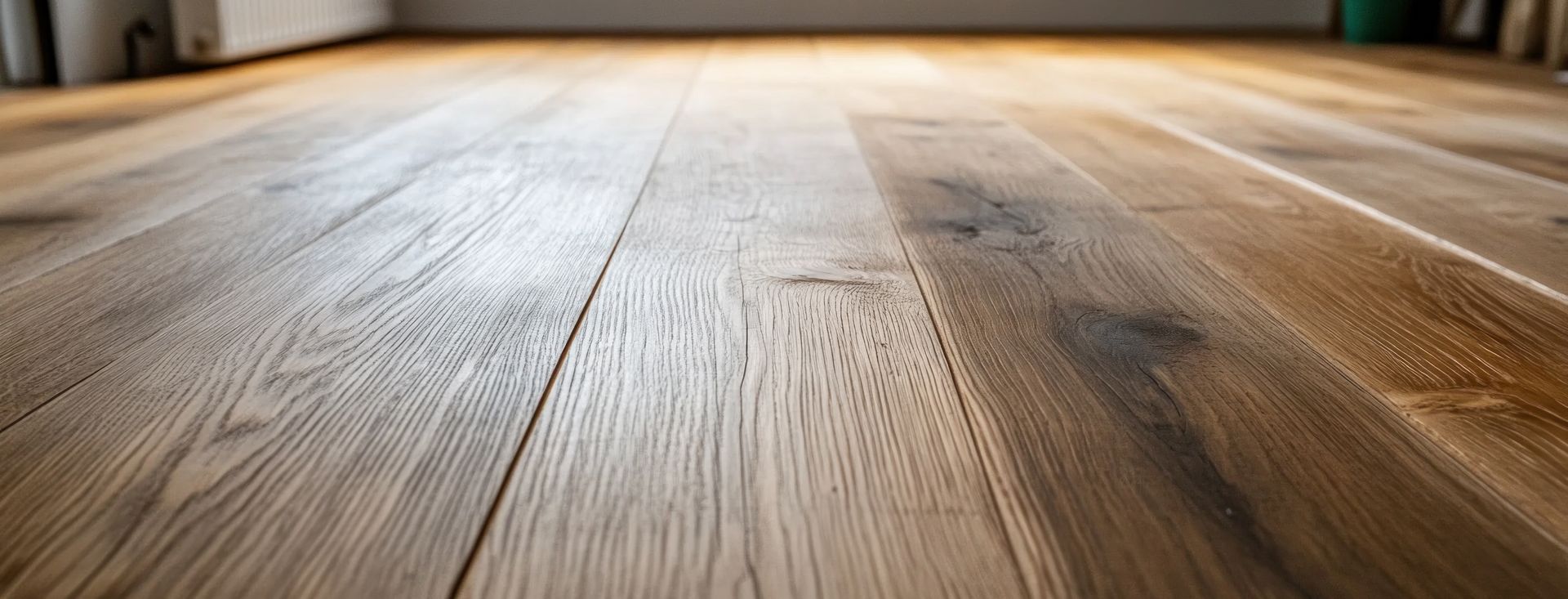 Gros plan sur un parquet ensoleillé aux veines apparentes et aux tons bruns chauds.