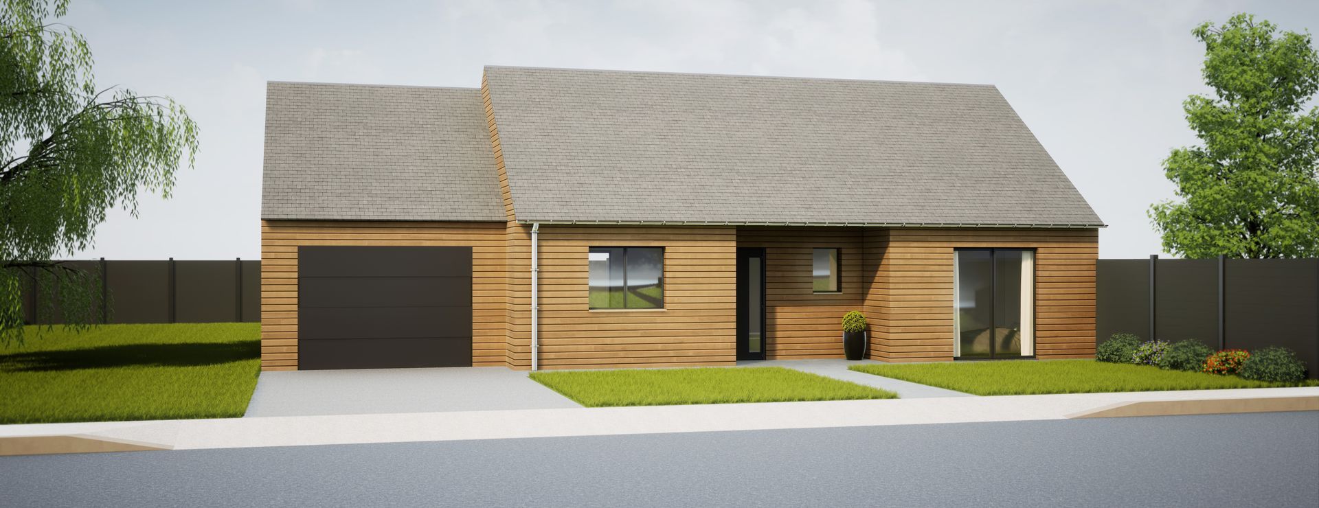 Maison moderne de plain-pied avec bardage en bois, porte de garage foncée et pelouse à l'avant.