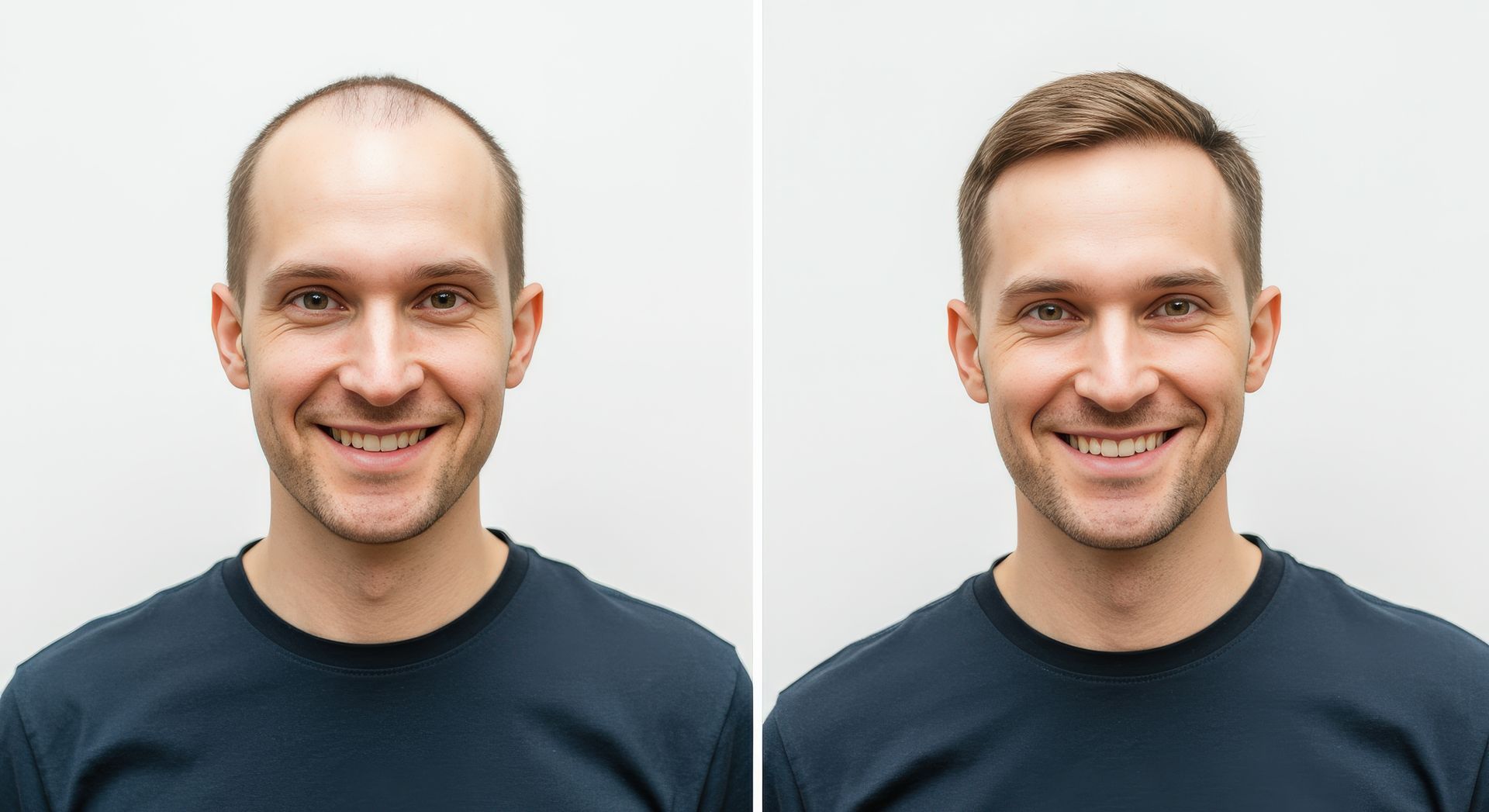 Comparaison côte à côte d'un homme aux cheveux clairsemés (à gauche) et du même homme avec une chevelure abondante (à droite).