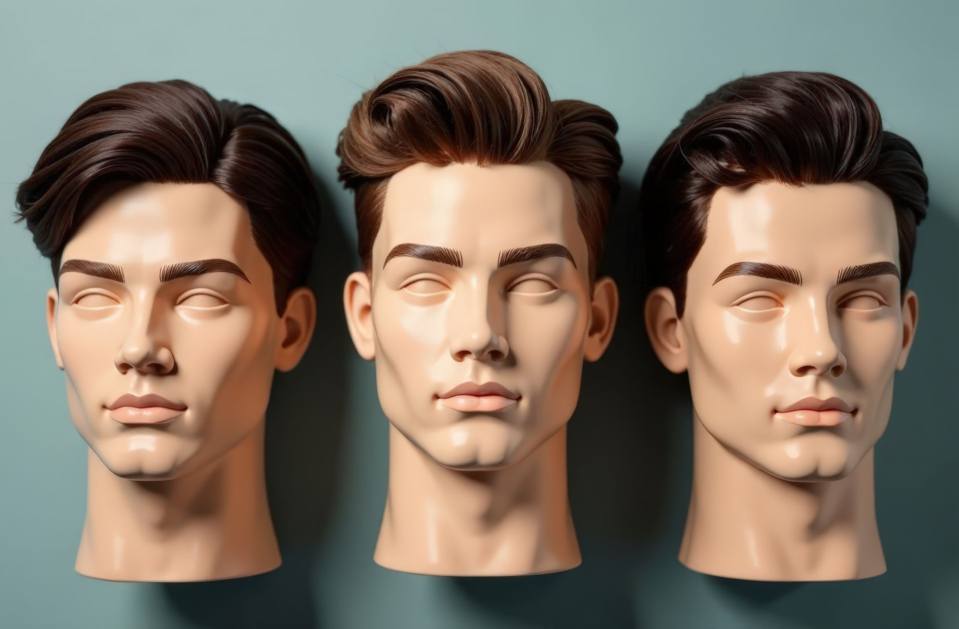 Trois têtes de mannequins arborant différentes coiffures masculines, sur fond turquoise.