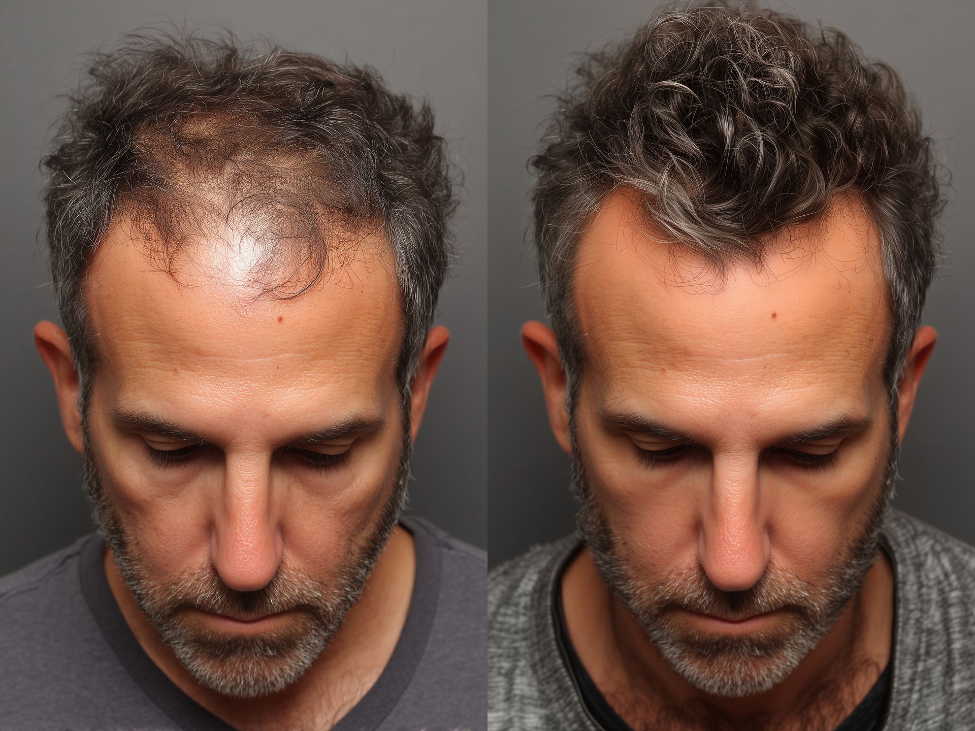 Photos avant et après d'un homme présentant une calvitie naissante, puis une chevelure abondante. Fond gris.