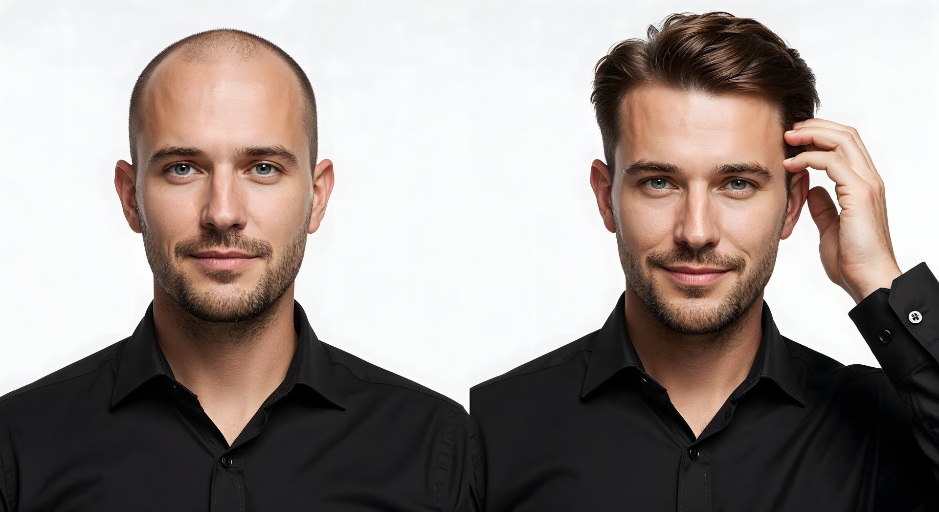 Un homme chauve à côté d'un homme aux cheveux longs, tous deux vêtus de chemises noires.