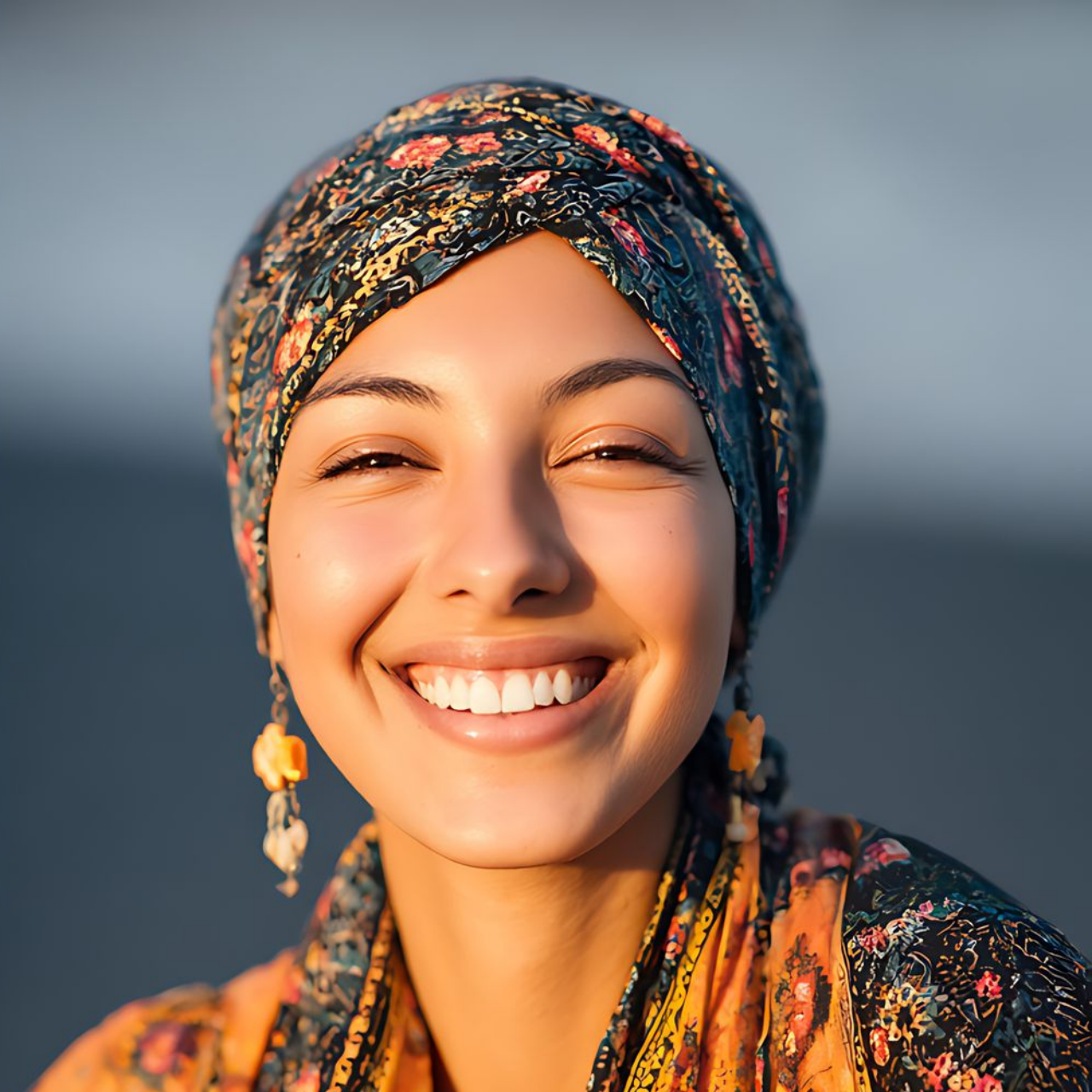 Une femme coiffée d'un foulard à fleurs et vêtue d'un haut à motifs orange affiche un large sourire à l'extérieur.