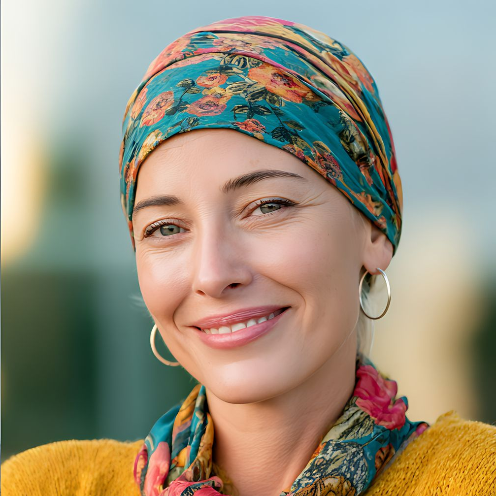 Femme souriante, coiffée d'un foulard à fleurs et portant des créoles. Pull jaune, arrière-plan flou.