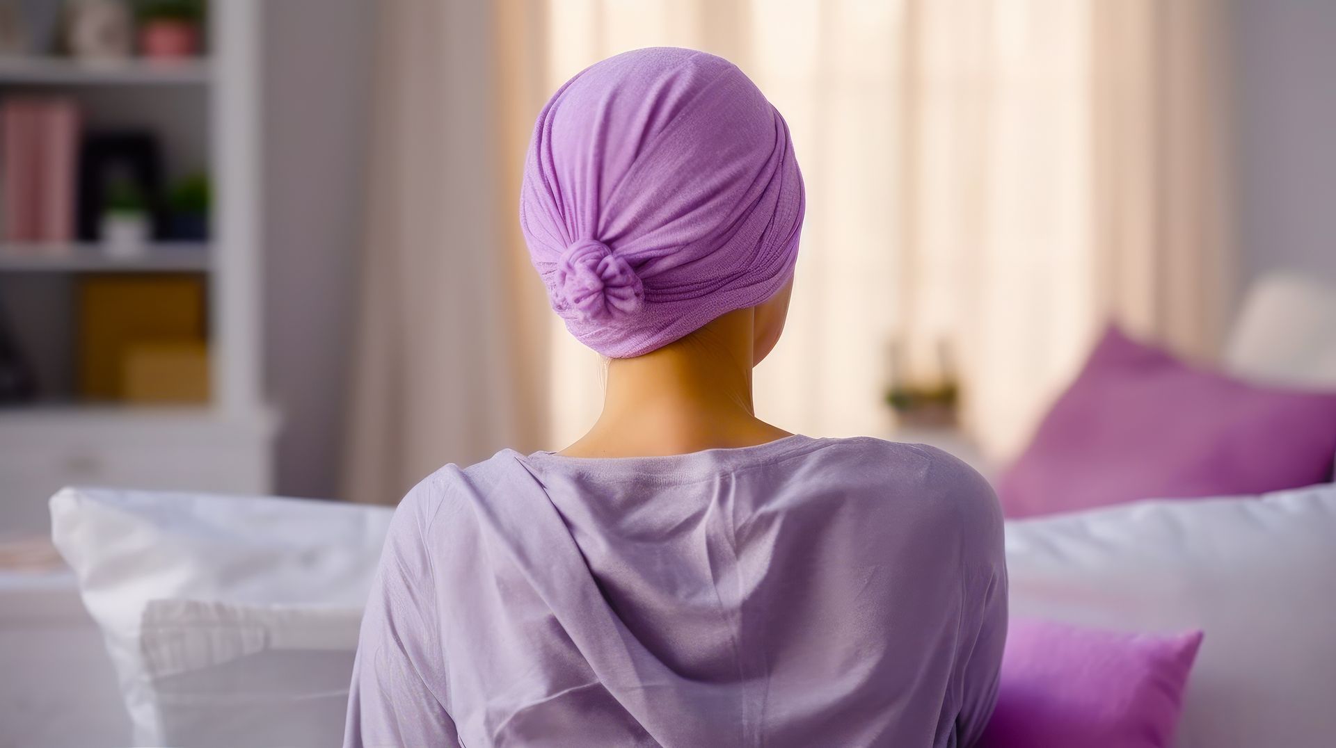 Femme coiffée d'un voile violet et portant un pull, assise, dos à la caméra, regardant vers une fenêtre ensoleillée.