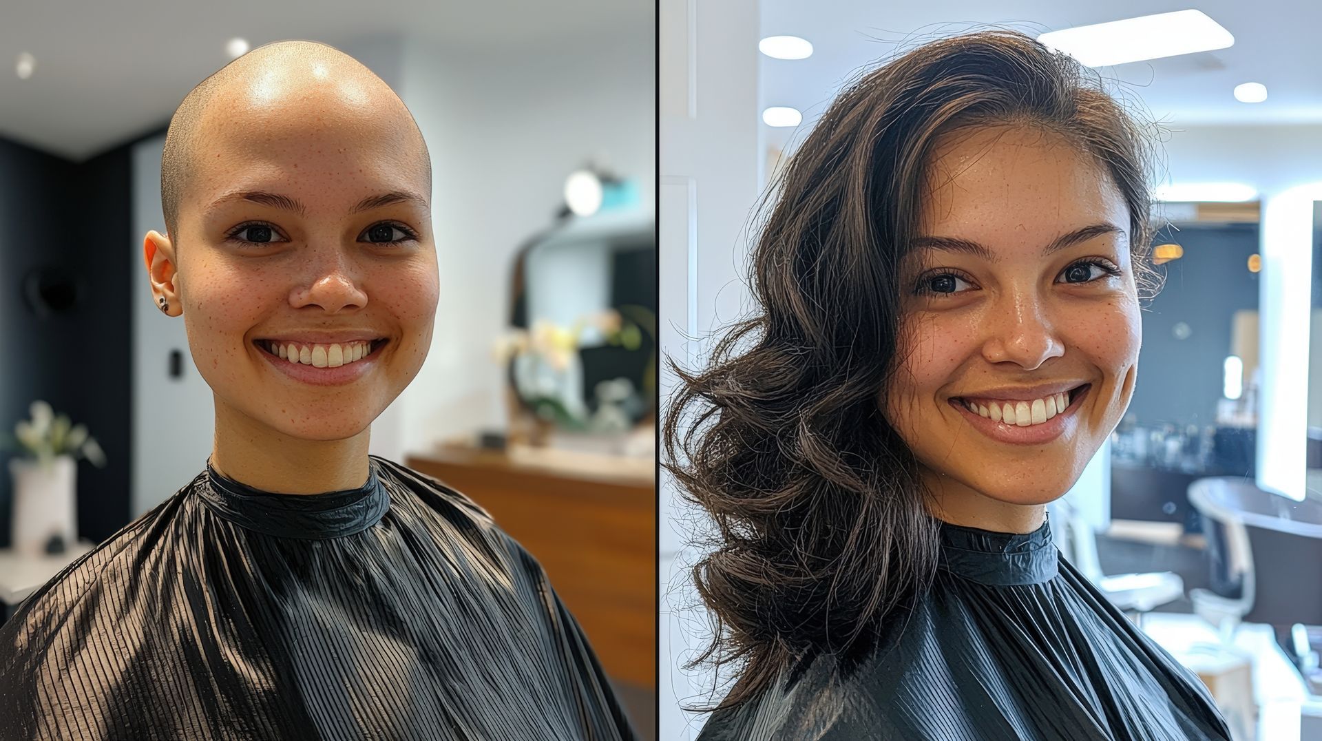 Femme au crâne rasé, souriante, puis avec de longs cheveux bruns ondulés, souriante dans un salon de coiffure.