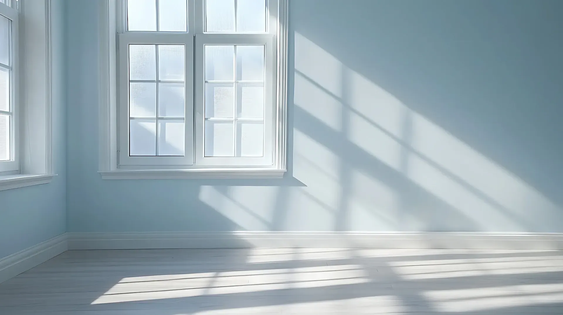 Habitación luminosa con luz solar proyectando sombras sobre las paredes azules y la ventana de madera blanca.