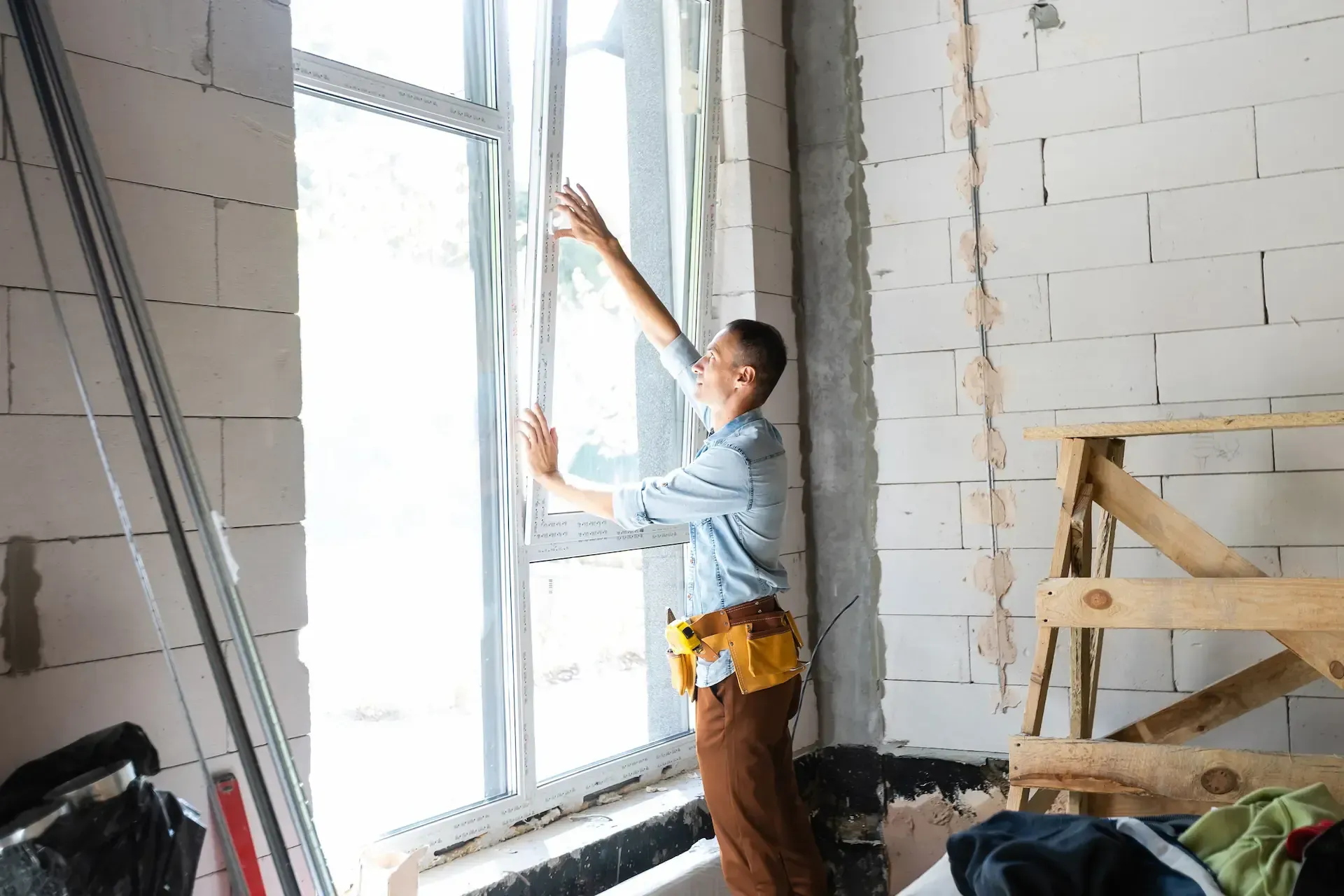 Persona instalando una ventana en una habitación en construcción.