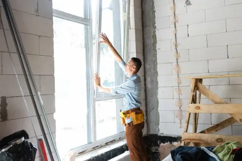 Persona instalando una ventana en una habitación en construcción.
