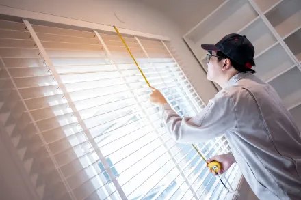 Persona midiendo persianas de ventana con una cinta métrica amarilla, probablemente para instalación.