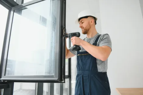 Un trabajador de la construcción con mono utiliza un taladro para instalar una ventana.