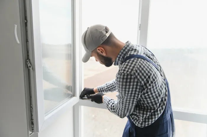 Persona con ropa de trabajo instalando ventana.