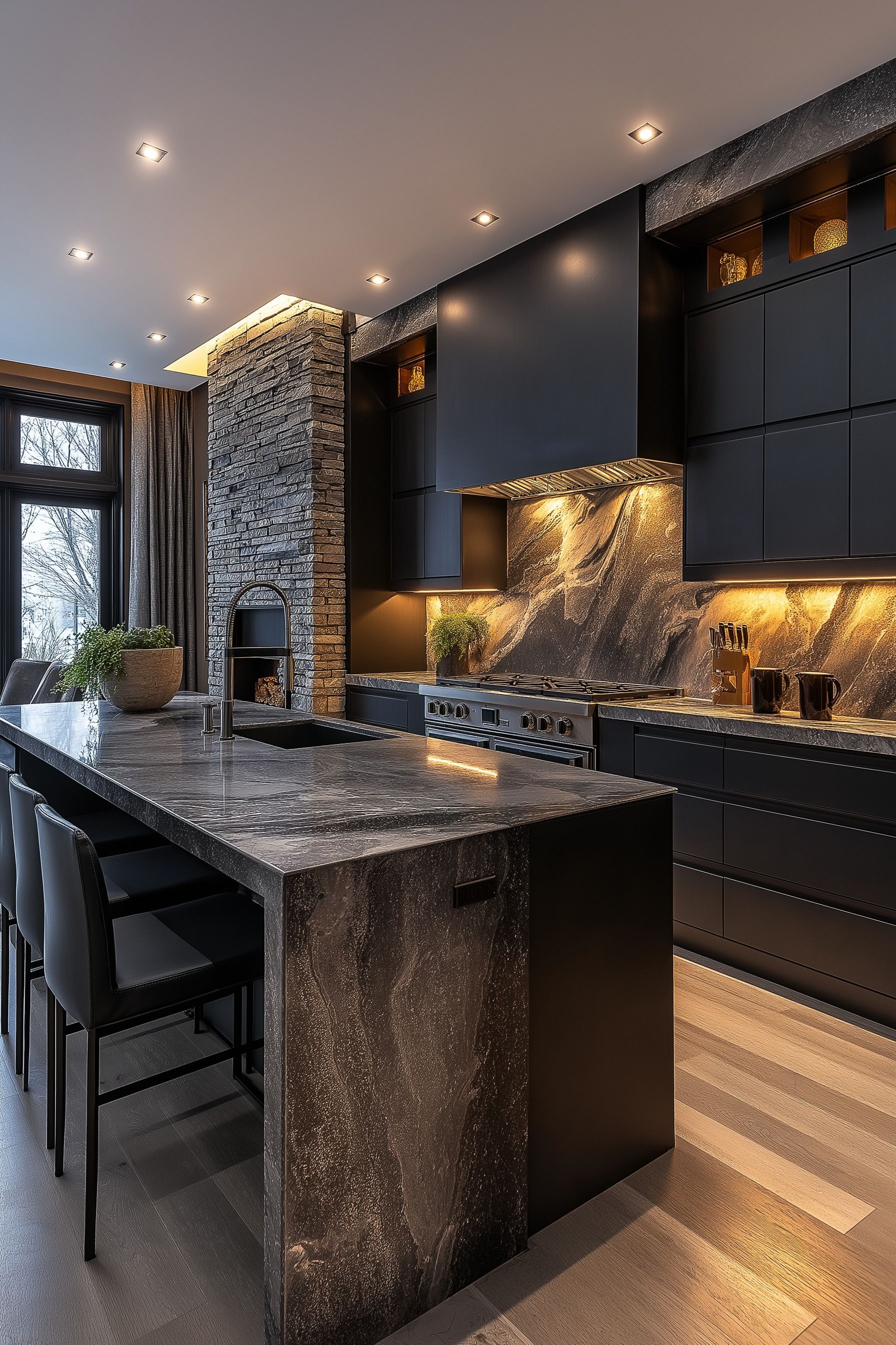Cuisine contemporaine élégante avec placards noirs mats