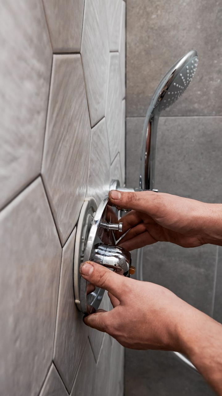 Gros plan sur un homme installant un robinet de douche à poignée métallique