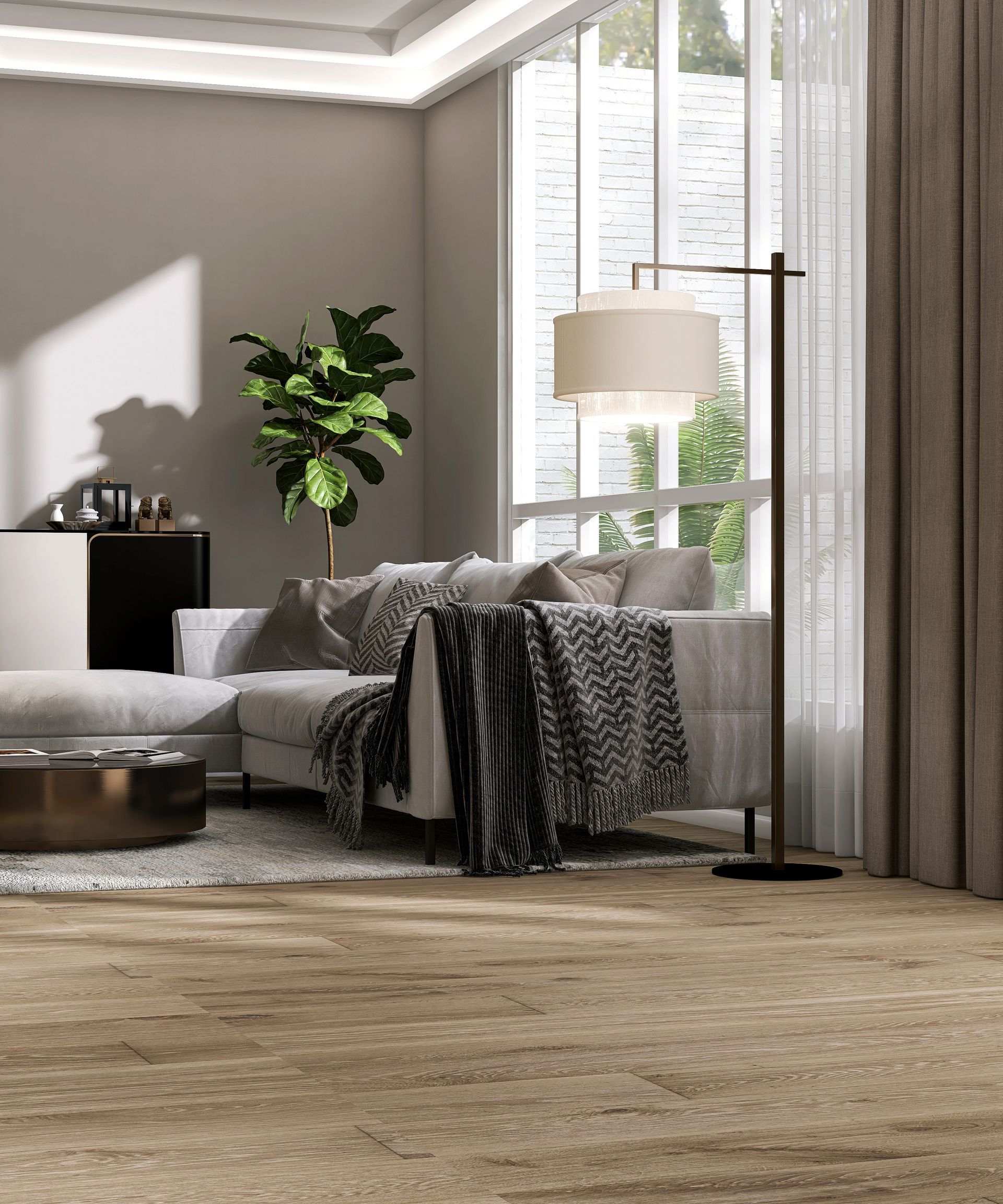 Parquet stratifié dans un salon luxueux avec canapé-lit gris