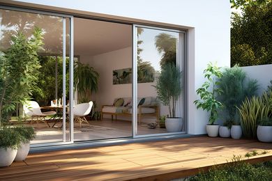 Ein Wohnzimmer mit Glasschiebetüren, die auf eine Terrasse führen.