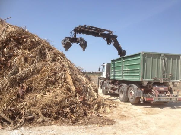 Se está cargando un camión volquete con una gran pila de madera