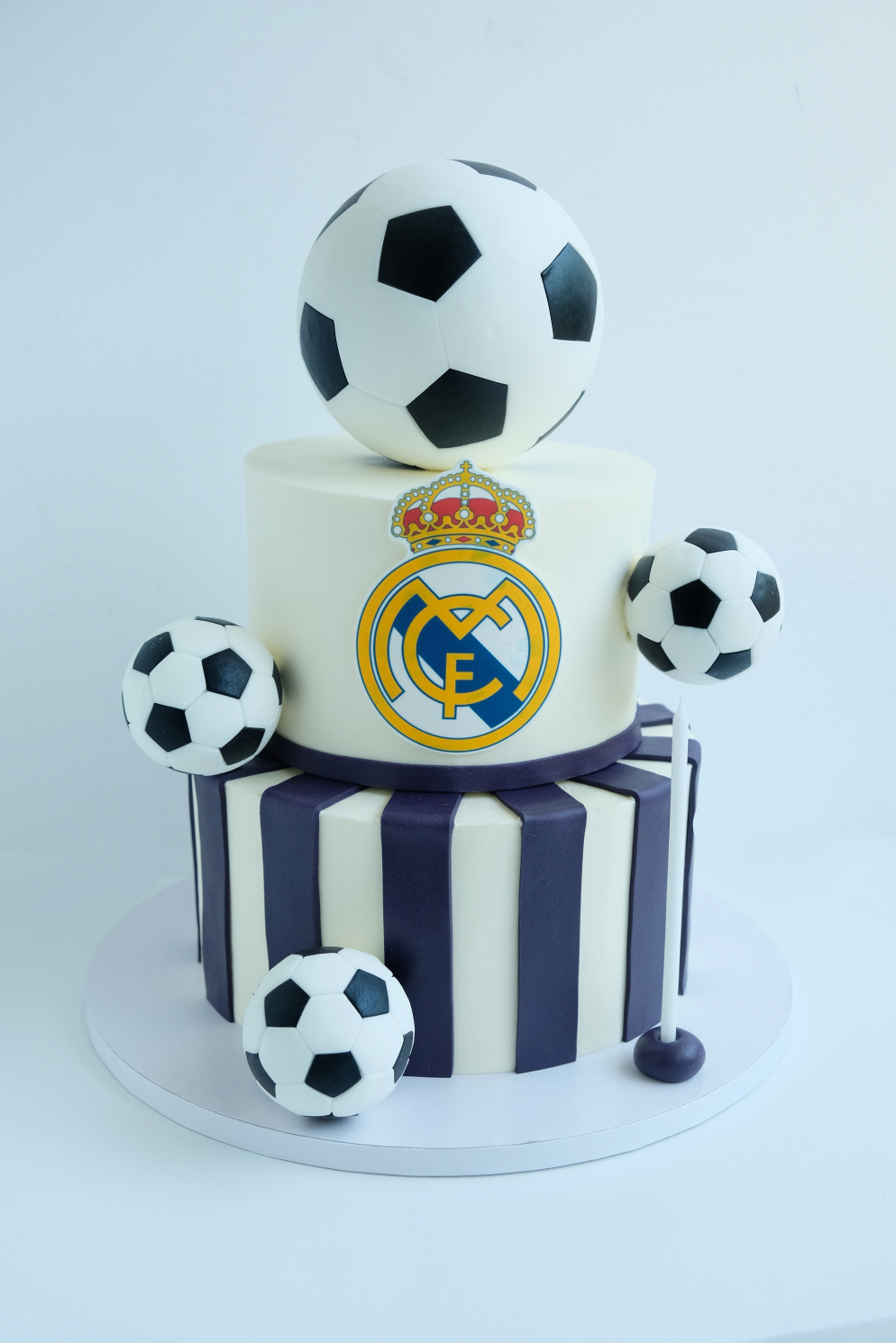 Un pastel de fútbol con balones de fútbol encima.