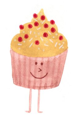 Un cupcake con cara y chispas encima.