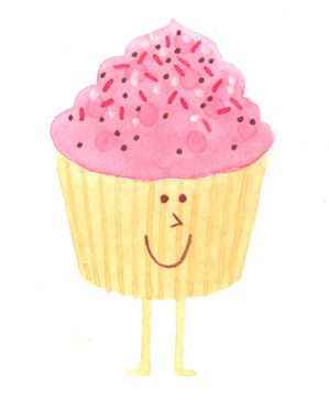 Un cupcake con glaseado rosa y chispas tiene cara y piernas.