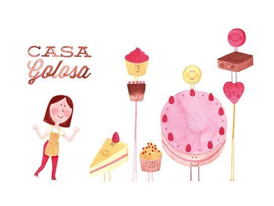 Una caricatura de una mujer rodeada de cupcakes y un pastel que dice casa golosa
