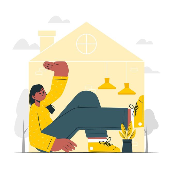 Mujer descansando dentro de una casa amarilla, con un brazo levantado. Lleva camisa amarilla, pantalones azules y zapatos amarillos.