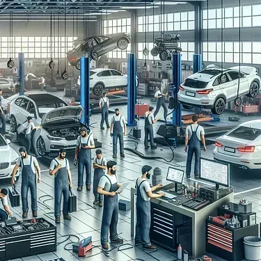 Un grupo de mecánicos está trabajando en coches en un garaje.