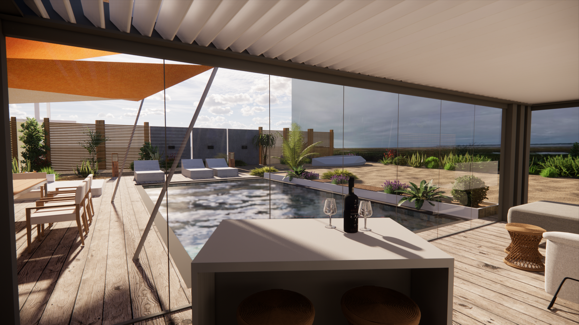 Vue d'une piscine à travers une baie vitrée sous une pergola