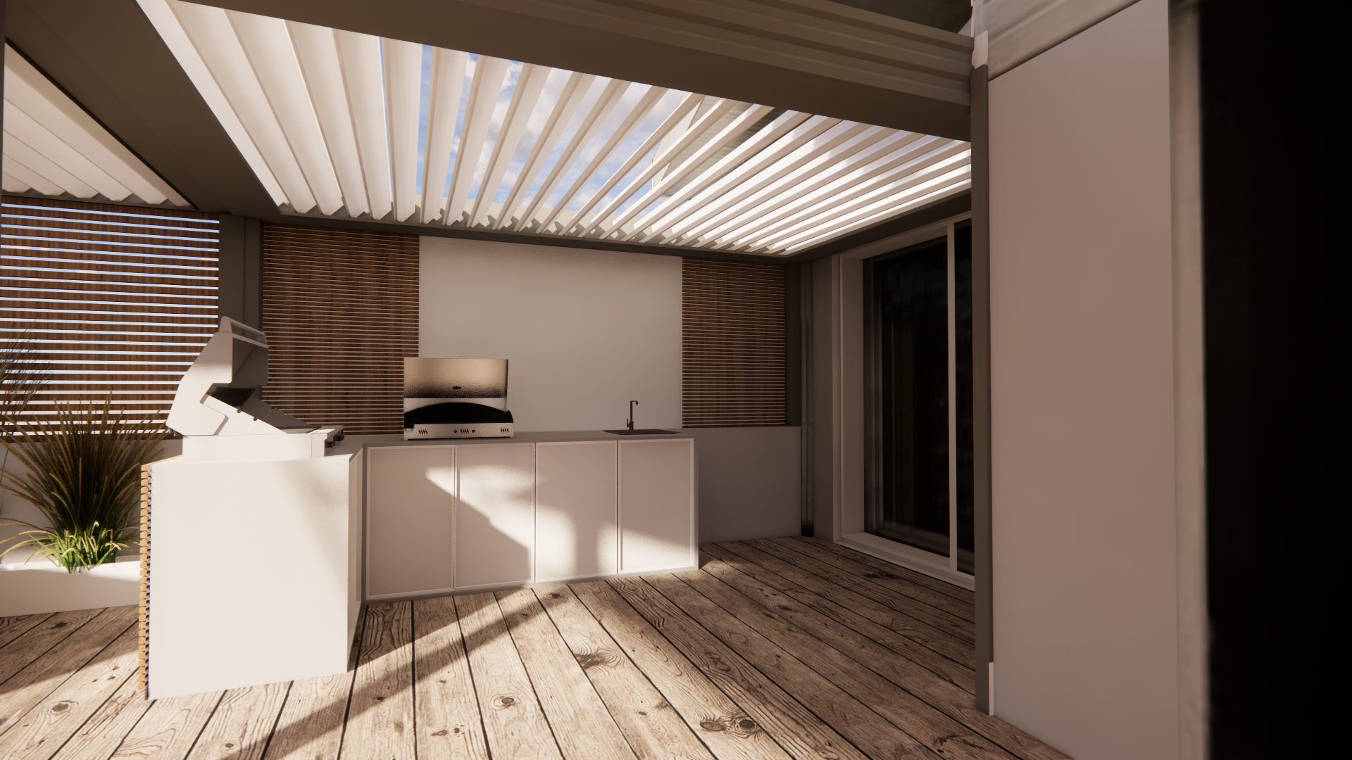 Ensemble plancha et évier sous une pergola avec un accès via une baie vitrée