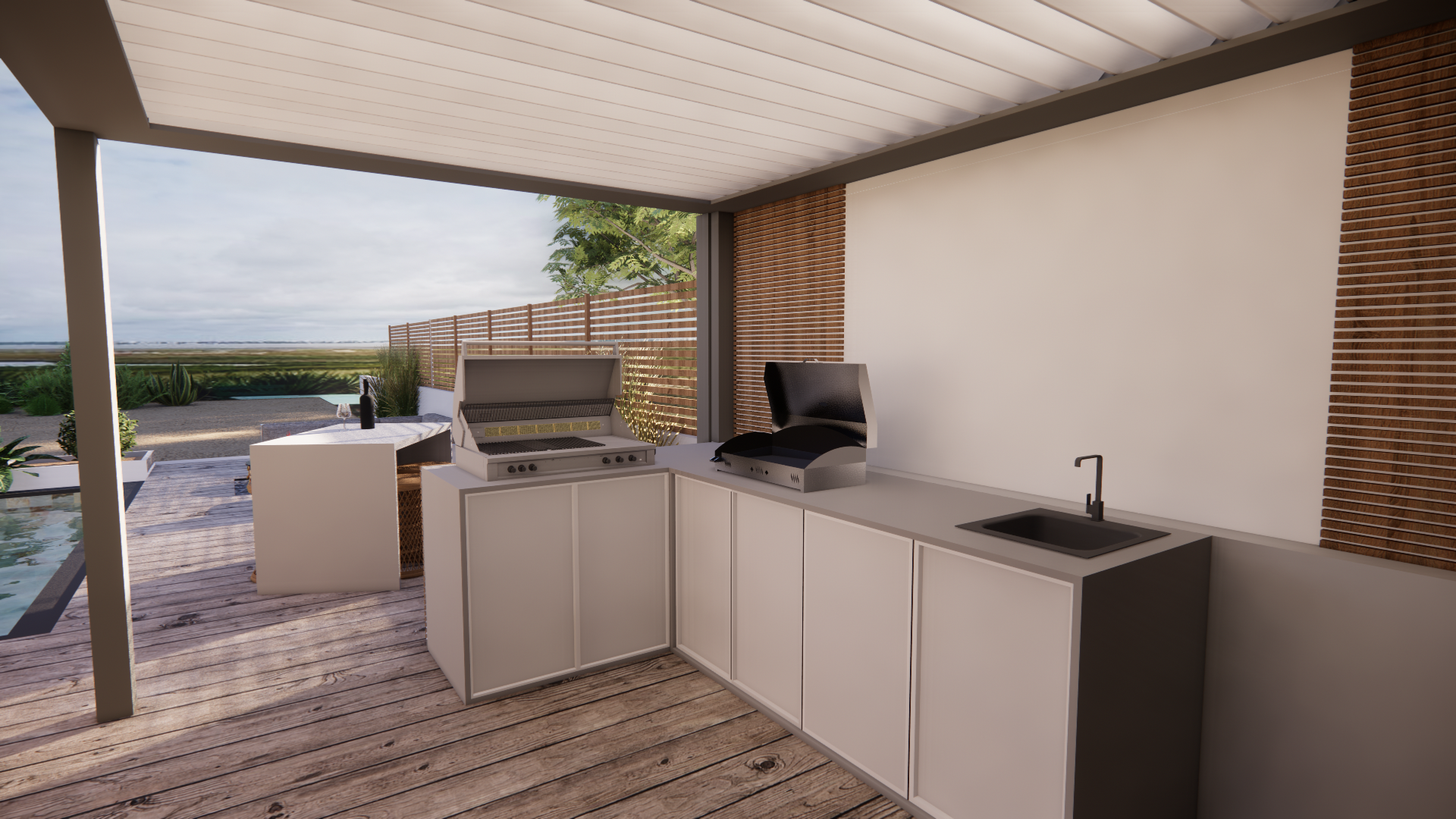 Ensemble plancha et évier sous une pergola