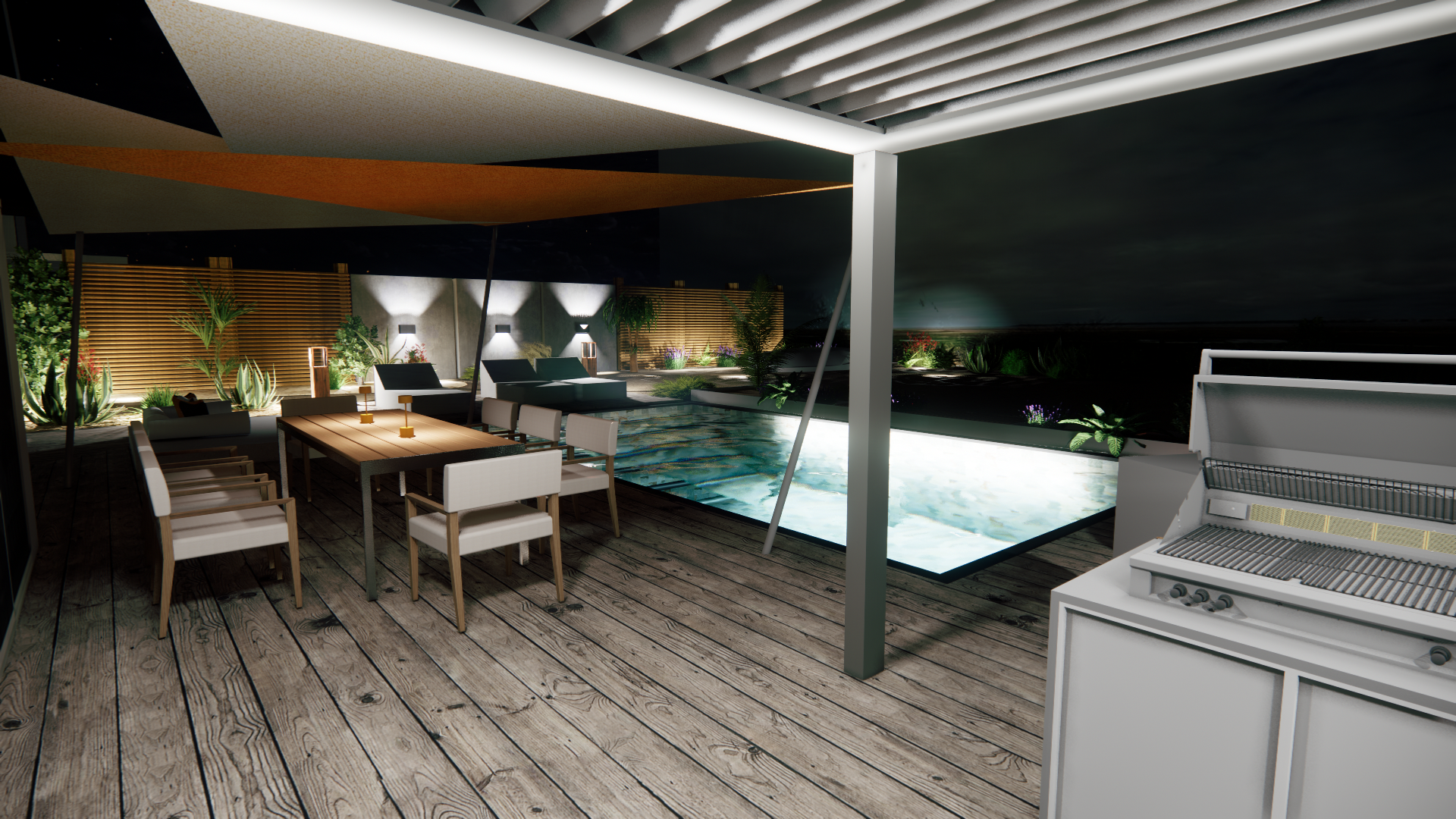 Sous une pergola de nuit au bord d'une piscine