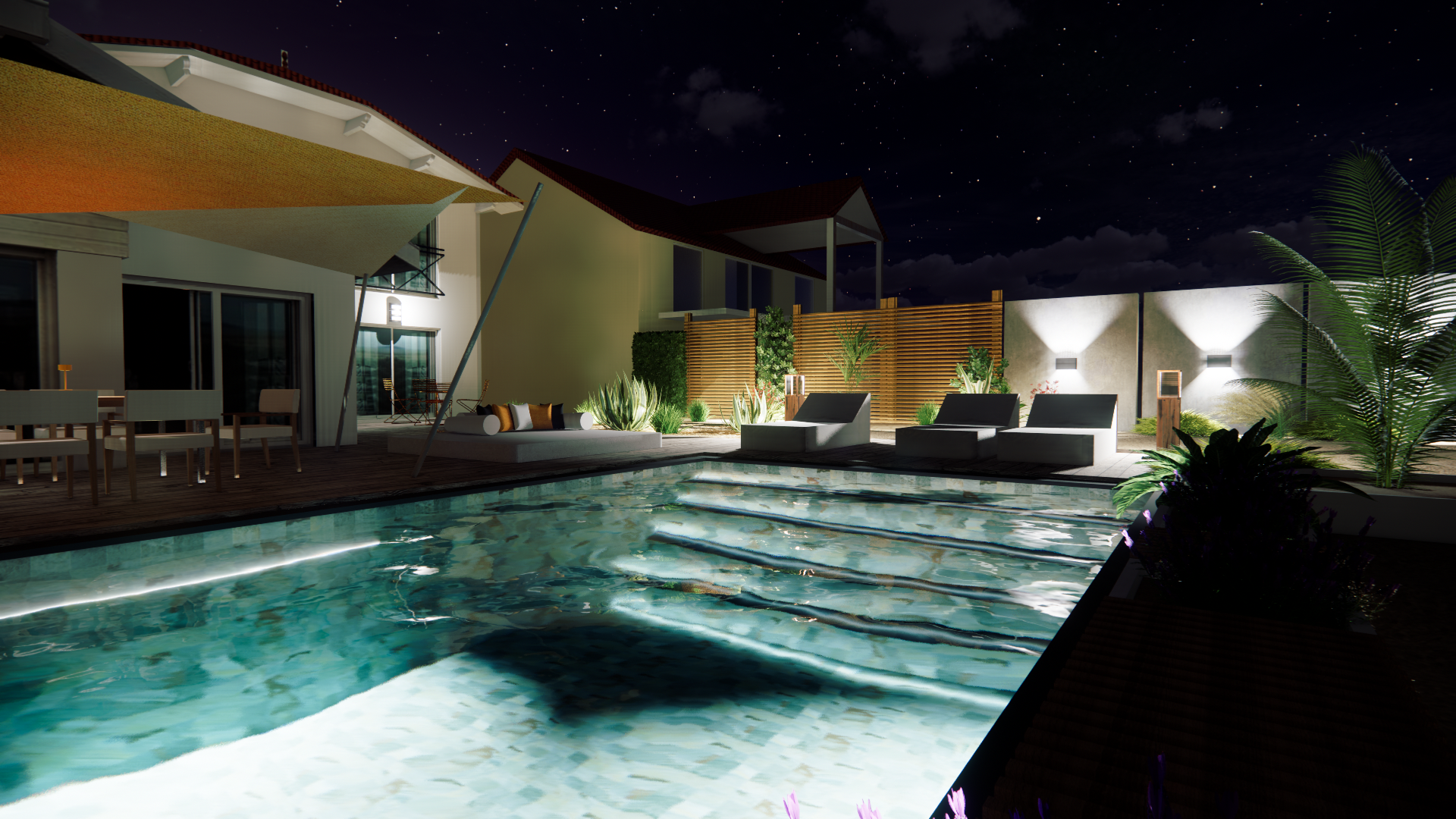 Une piscine éclairée de nuit