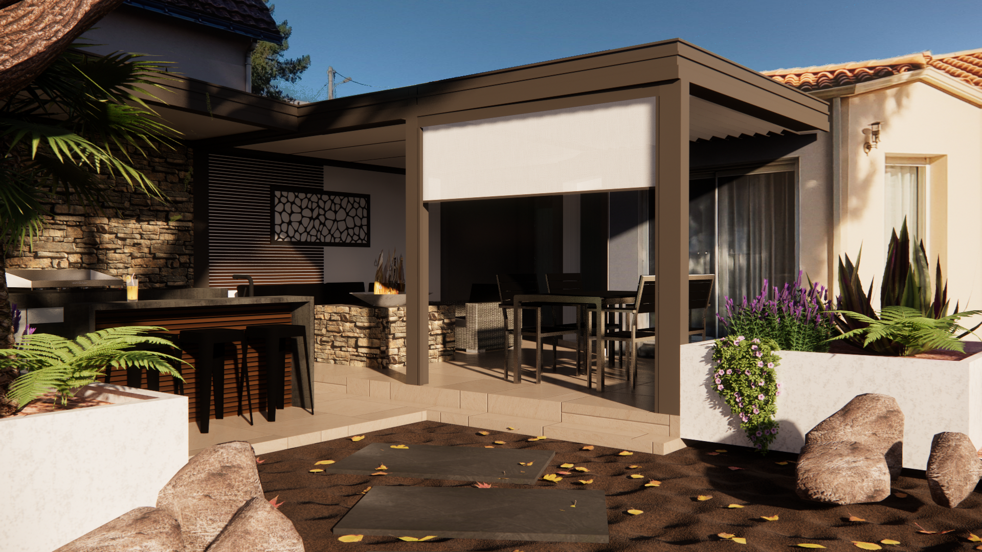 Maquette 3D d'une pergola avec salon de jardin dessous