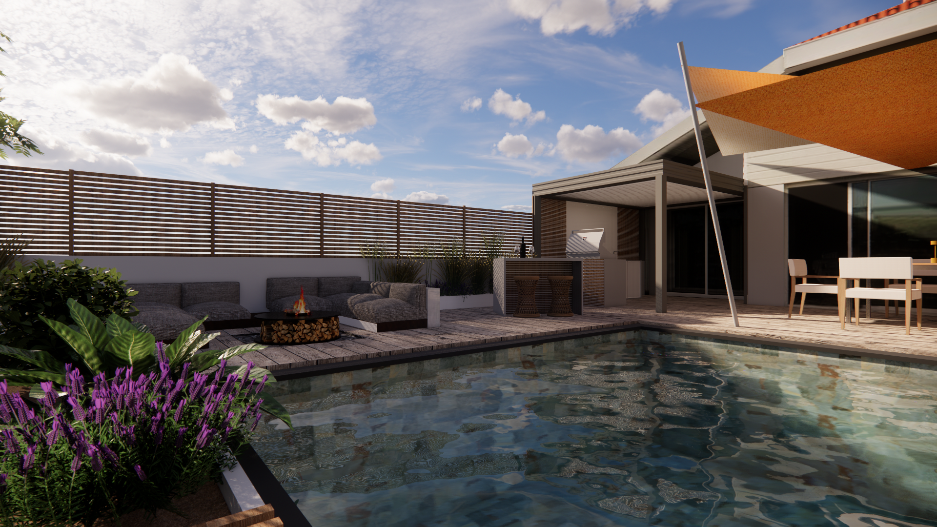 Terrasse en planches de bois autour d'une piscine avec sa pergola