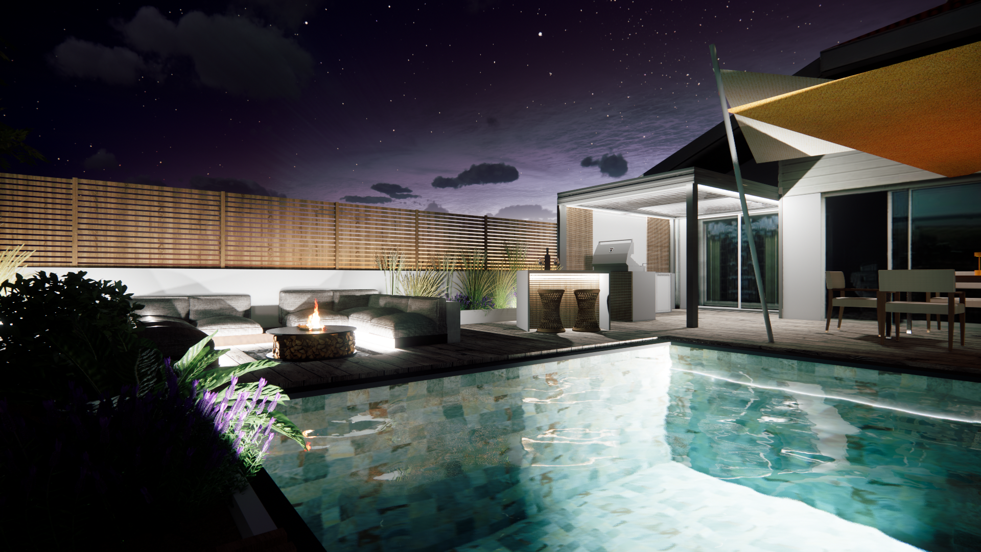 Terrasse en planches de bois autour d'une piscine avec sa pergola de nuit