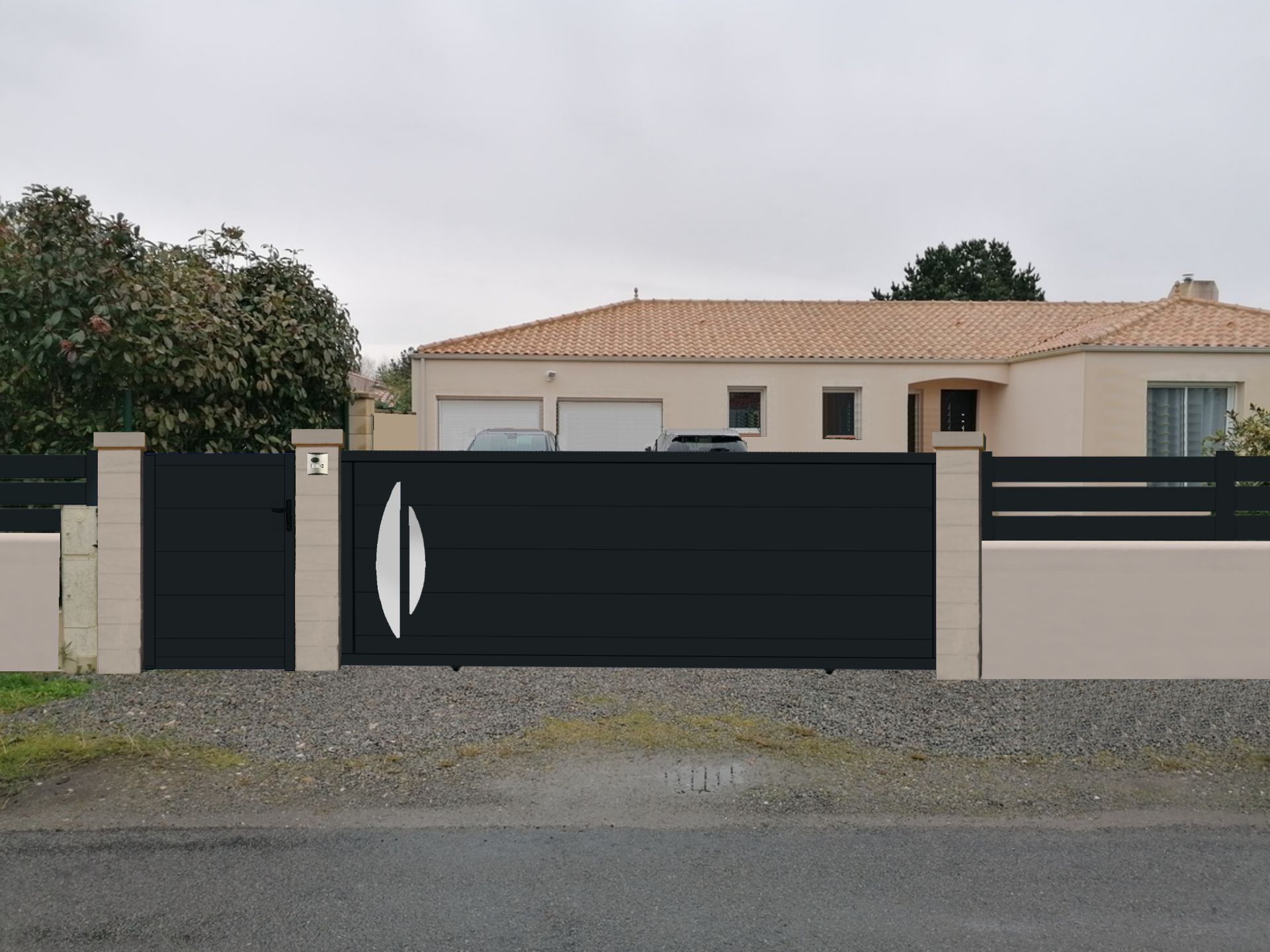 Proposition illustrée d'un portail noir et sa clôture sur muret