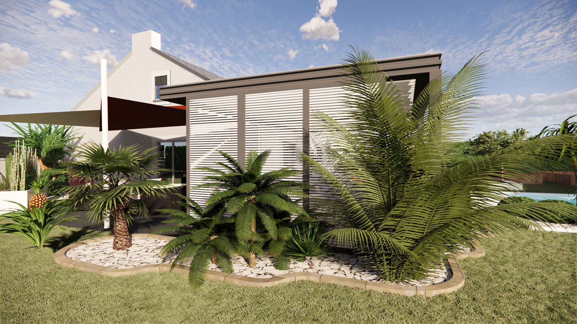 Maquette 3D d'une pergola avec des plantes tout autour