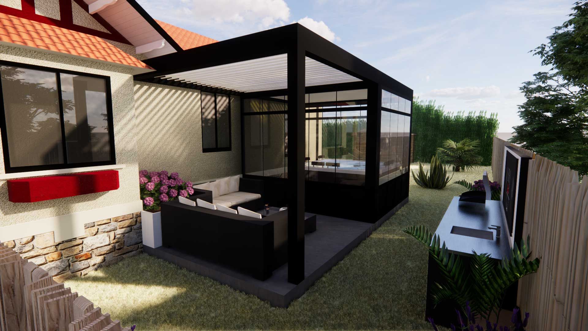 Visualisation en 3D d'un poolhouse pour une maison 01