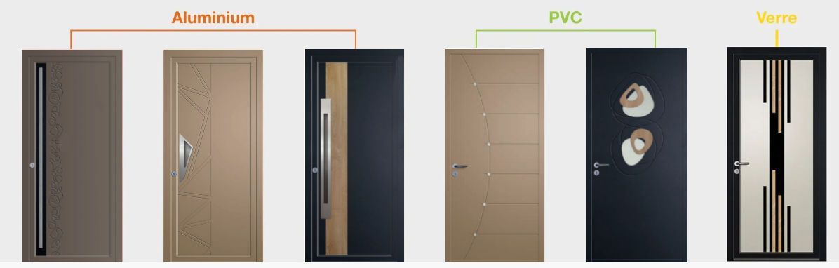 Sept modèles différents de portes d'entrée en aluminium, en PVC ou en verre