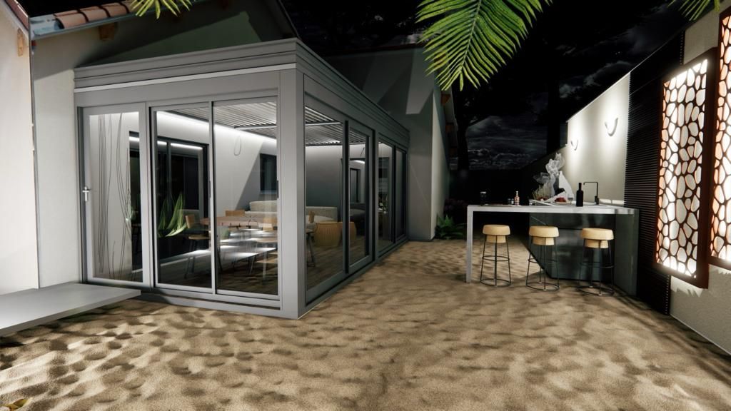 Illustration en 3D d'une terrasse avec  du sable et un bar