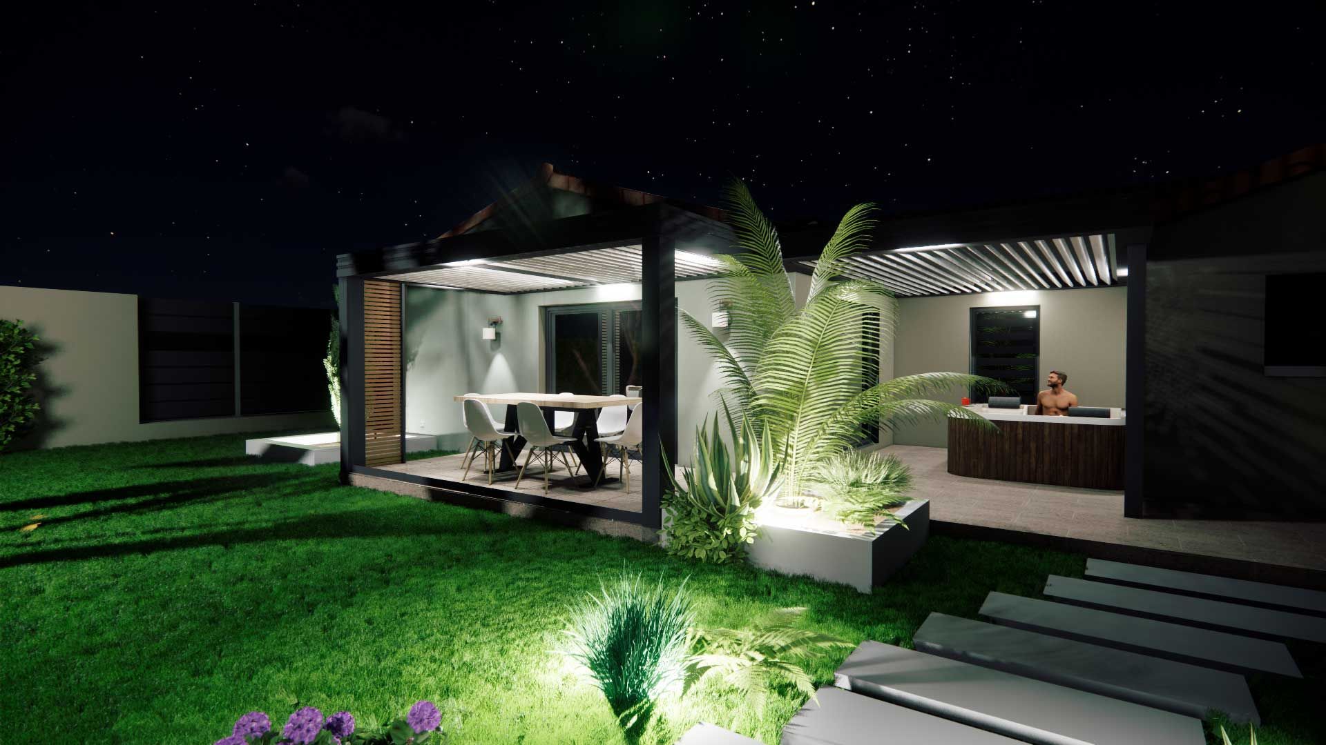 Maquette 3D d'un jardin de nuit avec une pergola noire