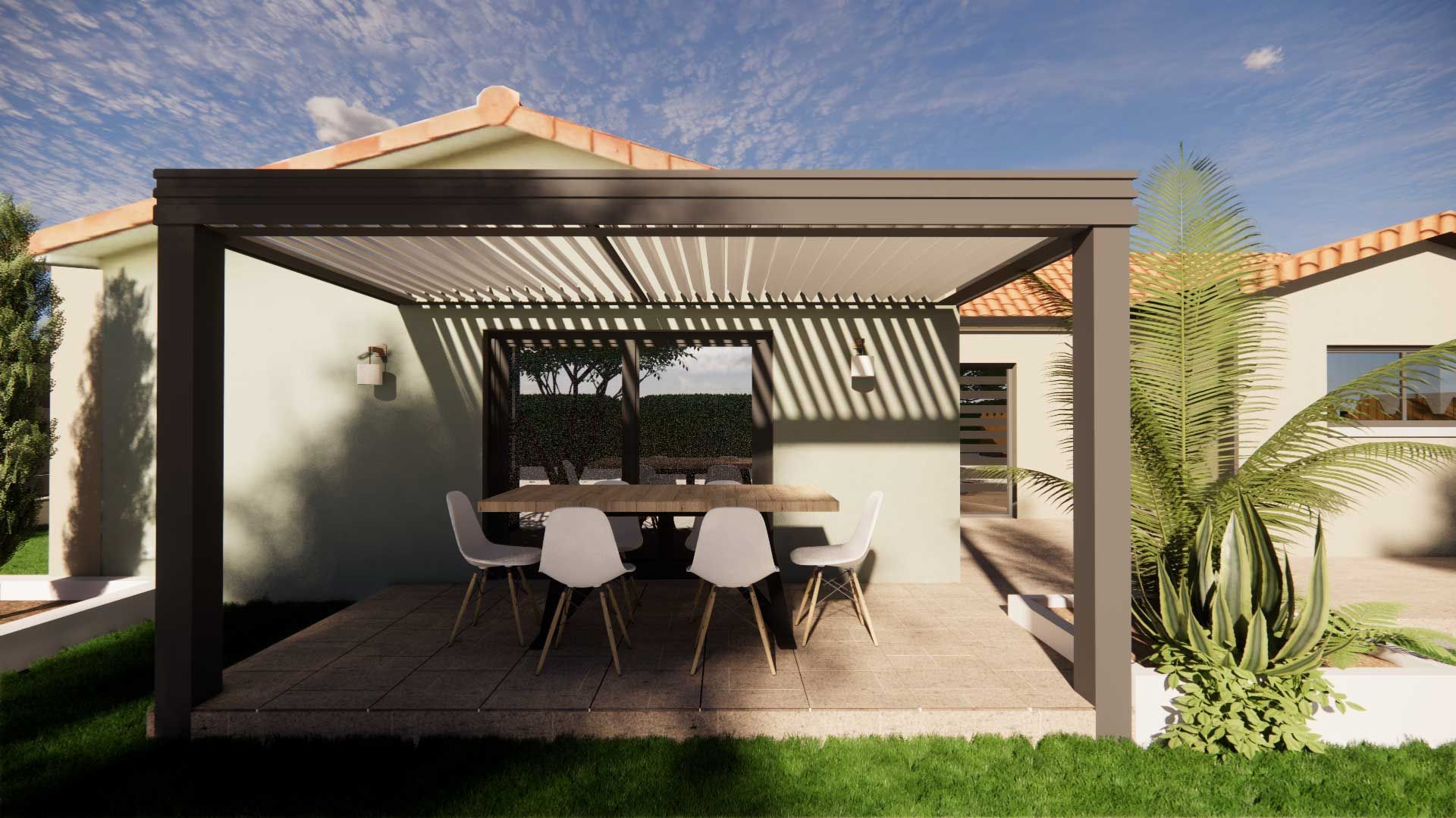 Maquette 3D d'une pergola noire avec un salon de jardin installé dessous