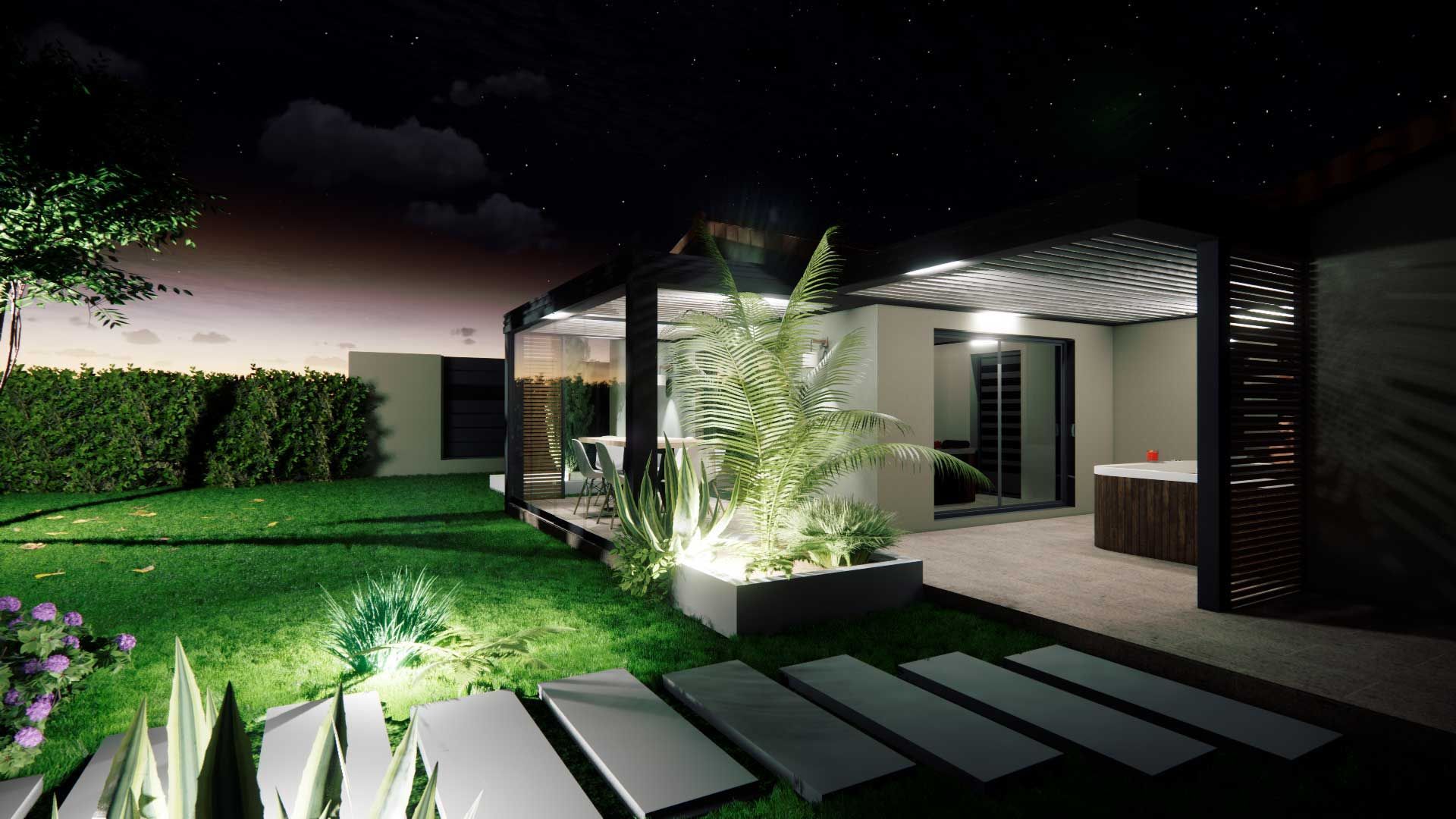 Maquette 3D d'un jardin de nuit avec une allée et une pergola éclairée