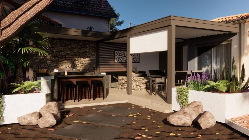 Carport marron sur une terrasse en forme de L