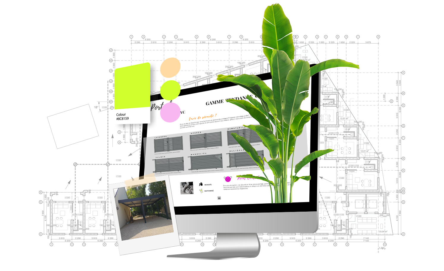 Illustration collage d'un ordinateur, nuancier, plante et photographie