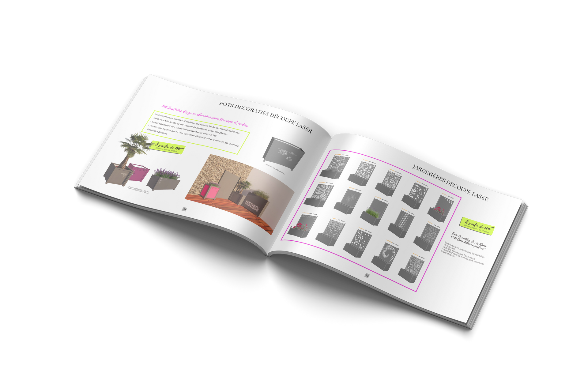 Illustration d'un catalogue ouvert sur la page d'aménagement de jardin