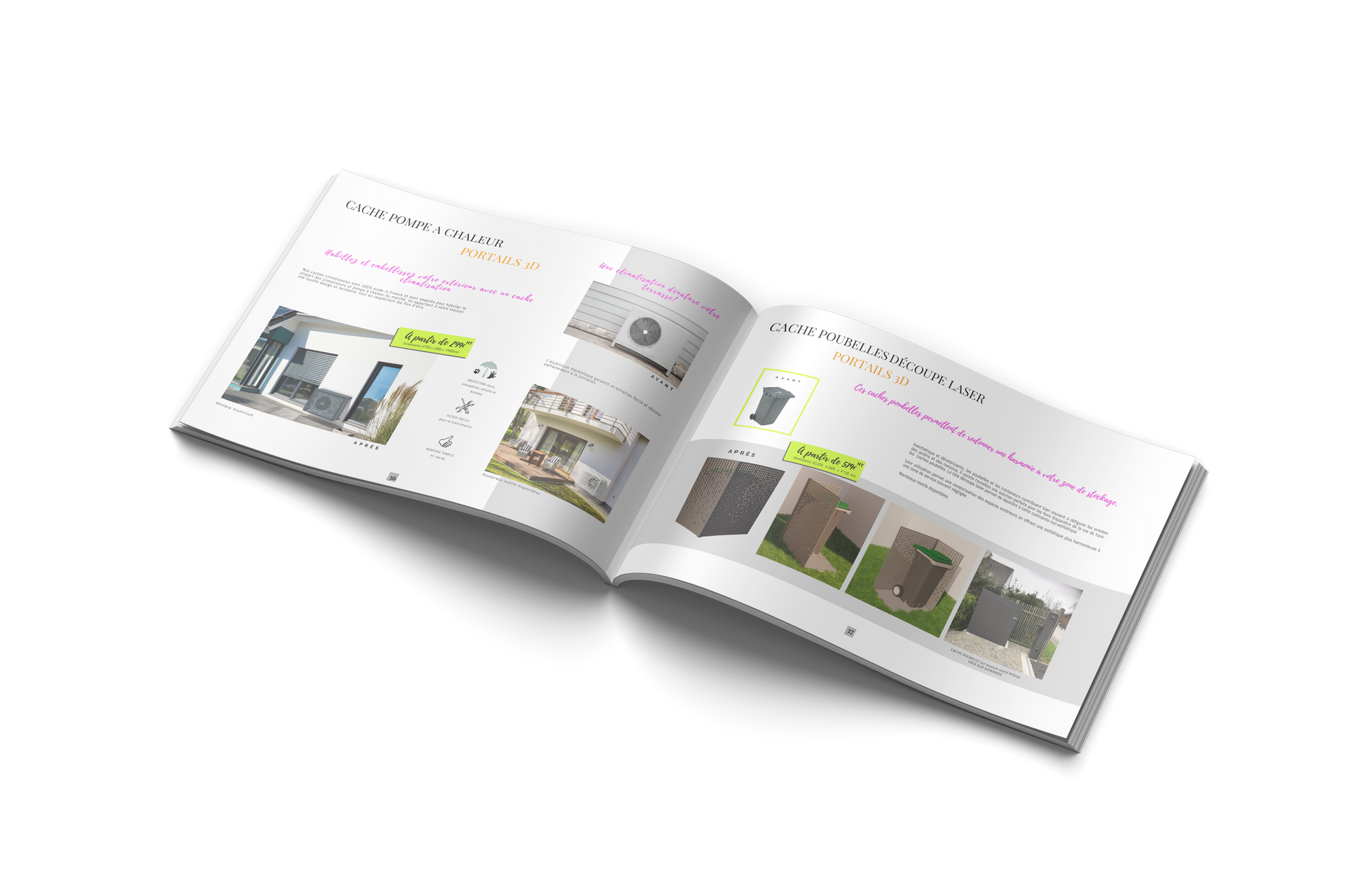 Illustration d'un catalogue ouvert à la page des cache-pompe à chaleur