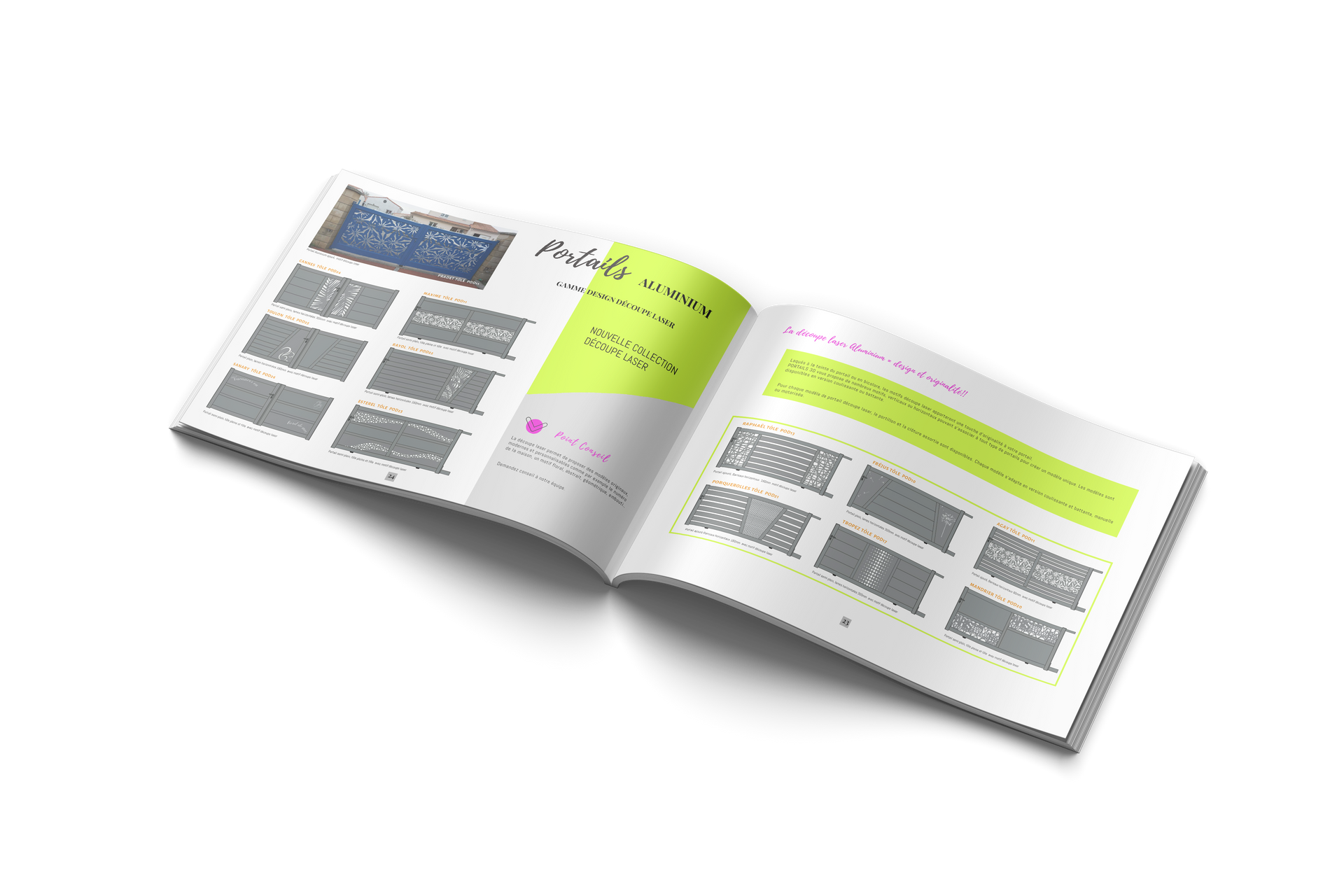 Illustration d'un catalogue ouvert sur une page présentant plusieurs modèles de portails