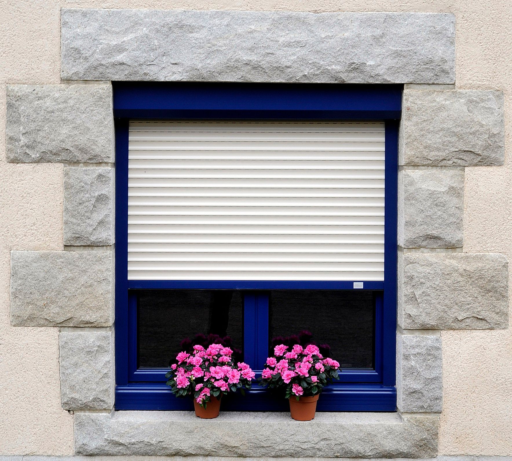 Deux pots de fleurs roses devant une fenêtre aux stores enroulants