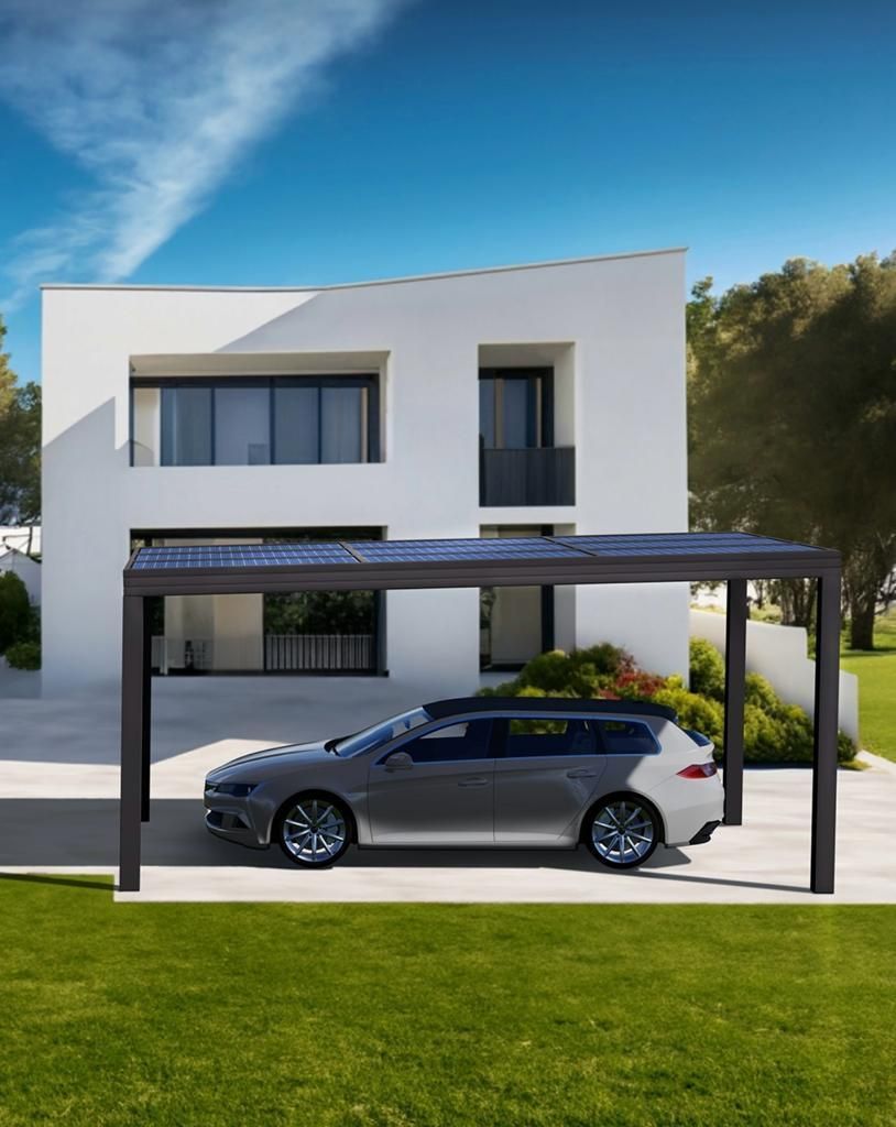 Illustration 3D d'un véhicule sous un carport devant une habitation